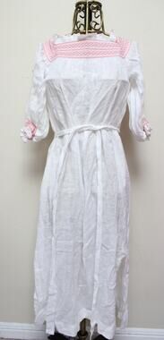 Lisa Marie Fernandez White Pink Embroidered Smocked Linen Midi Dress Size 1/US 2